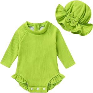 imageYOUNGER TREE Infant Baby Girls Swimsuit Long Sleeve Swimsuits One Piece Swimsuit Solid Color Bathing Suit with Hat UPF 50Mustard Green