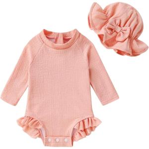 imageYOUNGER TREE Infant Baby Girls Swimsuit Long Sleeve Swimsuits One Piece Swimsuit Solid Color Bathing Suit with Hat UPF 50Shallow Pink