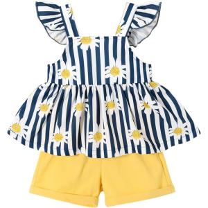 imageYOUNGER TREE Toddler Baby Girl Clothes Sleeveless Ruffle Bowknot Dress Top Shorts Set Summer Outfits for Little Kids GirlsStripedaisy