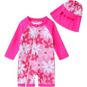 imageToddler Baby Girls Swimsuit OnePiece Zipper Swimwear UPF 50 Sun Protection Bathing Suit with HatFluorescent Red
