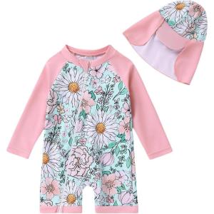 imageToddler Baby Girls Swimsuit OnePiece Zipper Swimwear UPF 50 Sun Protection Bathing Suit with HatPink Big Flower