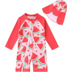 imageToddler Baby Girls Swimsuit OnePiece Zipper Swimwear UPF 50 Sun Protection Bathing Suit with HatWatermelon Red