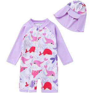 imageToddler Baby Girls Swimsuit OnePiece Zipper Swimwear UPF 50 Sun Protection Bathing Suit with HatWhale