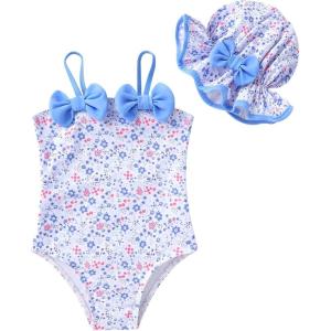 imageYOUNGER TREE Toddler Baby Girl Swimsuit Infant One Piece Bathing Suits with Hat Newborn Summer Beach SwimwearBlue Floral