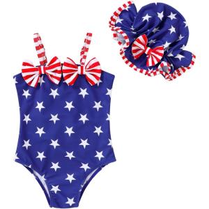imageYOUNGER TREE Toddler Baby Girl Swimsuit Infant One Piece Bathing Suits with Hat Newborn Summer Beach SwimwearBlue Stars