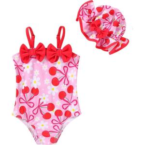 imageYOUNGER TREE Toddler Baby Girl Swimsuit Infant One Piece Bathing Suits with Hat Newborn Summer Beach SwimwearCherry