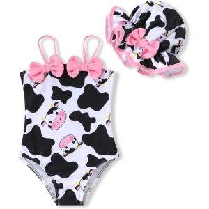 imageYOUNGER TREE Toddler Baby Girl Swimsuit Infant One Piece Bathing Suits with Hat Newborn Summer Beach SwimwearCows