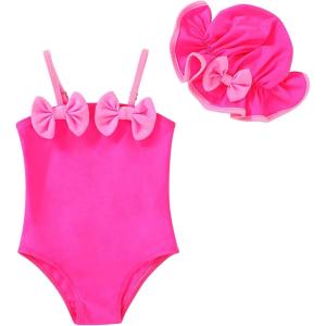 imageYOUNGER TREE Toddler Baby Girl Swimsuit Infant One Piece Bathing Suits with Hat Newborn Summer Beach SwimwearHot Pink