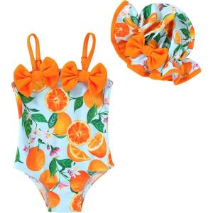 imageYOUNGER TREE Toddler Baby Girl Swimsuit Infant One Piece Bathing Suits with Hat Newborn Summer Beach SwimwearOrange