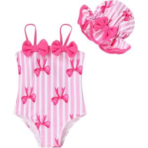 imageYOUNGER TREE Toddler Baby Girl Swimsuit Infant One Piece Bathing Suits with Hat Newborn Summer Beach SwimwearPink Bows and Stripes