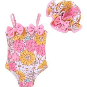 imageYOUNGER TREE Toddler Baby Girl Swimsuit Infant One Piece Bathing Suits with Hat Newborn Summer Beach SwimwearPink Flower
