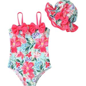 imageYOUNGER TREE Toddler Baby Girl Swimsuit Infant One Piece Bathing Suits with Hat Newborn Summer Beach SwimwearRed Floral