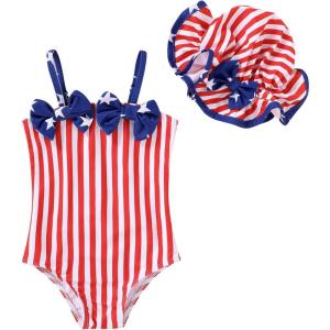 imageYOUNGER TREE Toddler Baby Girl Swimsuit Infant One Piece Bathing Suits with Hat Newborn Summer Beach SwimwearRed Stripe