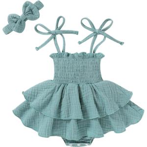 imageYOUNGER TREE Baby Girl Clothes Infant Summer Romper Dress Sleeveless Bodysuit Jumpsuit with Headband Toddler OutfitsGray Blue