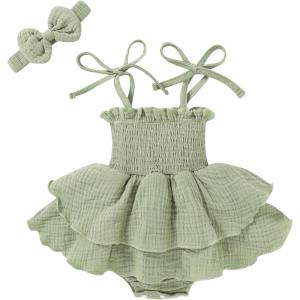 imageYOUNGER TREE Baby Girl Clothes Infant Summer Romper Dress Sleeveless Bodysuit Jumpsuit with Headband Toddler OutfitsGray Green