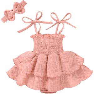 imageYOUNGER TREE Baby Girl Clothes Infant Summer Romper Dress Sleeveless Bodysuit Jumpsuit with Headband Toddler OutfitsGray Pink