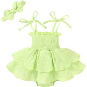 imageYOUNGER TREE Baby Girl Clothes Infant Summer Romper Dress Sleeveless Bodysuit Jumpsuit with Headband Toddler OutfitsLight Green