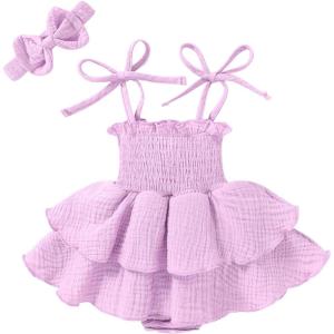 imageYOUNGER TREE Baby Girl Clothes Infant Summer Romper Dress Sleeveless Bodysuit Jumpsuit with Headband Toddler OutfitsLight Purple