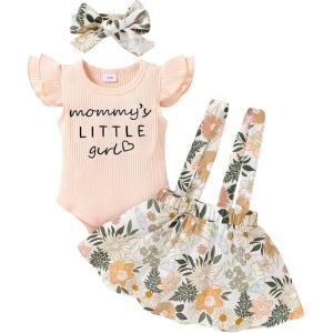 imageYOUNGER TREE Infant Toddler Baby Girl Summer Outfit Sunflower Strap Sets Sleeveless Romper Suspender Skirt 3pcs Clothing SetsLight Pink Floral