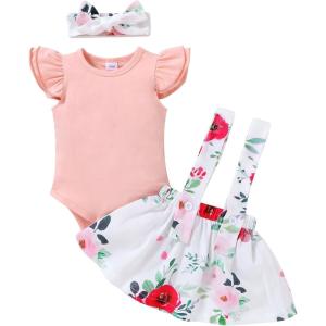 imageYOUNGER TREE Infant Toddler Baby Girl Summer Outfit Sunflower Strap Sets Sleeveless Romper Suspender Skirt 3pcs Clothing SetsPink Floral