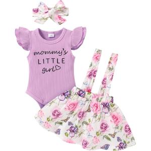 imageYOUNGER TREE Infant Toddler Baby Girl Summer Outfit Sunflower Strap Sets Sleeveless Romper Suspender Skirt 3pcs Clothing SetsPurple Floral