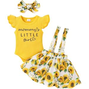 imageYOUNGER TREE Infant Toddler Baby Girl Summer Outfit Sunflower Strap Sets Sleeveless Romper Suspender Skirt 3pcs Clothing SetsYellow Sunflower