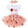 imageYOUNGER TREE Baby Girl 1st Birthday Outfits One Year Old Clothes Romper Tutu Cake Smash Skirt with Headband Baby Girl GiftsSparkly Strawberry One