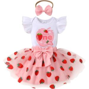 imageYOUNGER TREE Baby Girl 1st Birthday Outfits One Year Old Clothes Romper Tutu Cake Smash Skirt with Headband Baby Girl GiftsPink Strawberry One