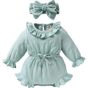 imageYOUNGER TREE Newborn Infant Baby Girl Romper Ruffle Neck Long Sleeve Jumpsuit Bodysuit One Pieces Vintage Clothes OutfitGreen
