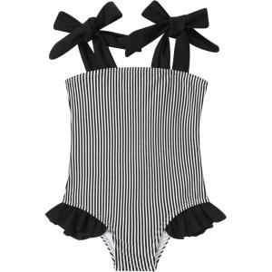 imageYOUNGER TREE Toddler Swimsuit Girl Color Block Stripe OnePiece Swimwear Baby Girl Bathing SuitsBlack Stripe