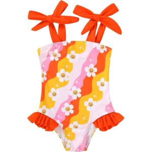 imageYOUNGER TREE Toddler Swimsuit Girl Color Block Stripe OnePiece Swimwear Baby Girl Bathing SuitsFlower Smile