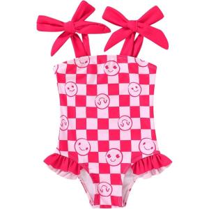 imageYOUNGER TREE Toddler Swimsuit Girl Color Block Stripe OnePiece Swimwear Baby Girl Bathing SuitsGrid and Smile Face