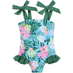 imageYOUNGER TREE Toddler Swimsuit Girl Color Block Stripe OnePiece Swimwear Baby Girl Bathing SuitsLeaf