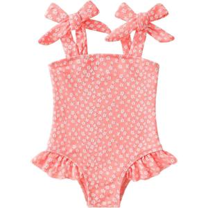 imageYOUNGER TREE Toddler Swimsuit Girl Color Block Stripe OnePiece Swimwear Baby Girl Bathing SuitsPeach Pink Flowers