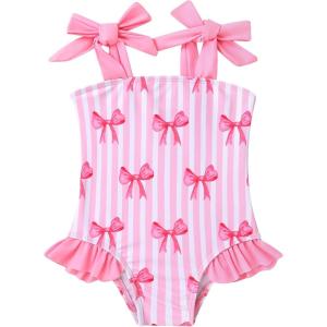 imageYOUNGER TREE Toddler Swimsuit Girl Color Block Stripe OnePiece Swimwear Baby Girl Bathing SuitsPink Bow Tie
