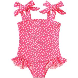 imageYOUNGER TREE Toddler Swimsuit Girl Color Block Stripe OnePiece Swimwear Baby Girl Bathing SuitsRose Red Flowers