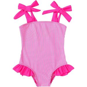 imageYOUNGER TREE Toddler Swimsuit Girl Color Block Stripe OnePiece Swimwear Baby Girl Bathing SuitsRose Red Stripe