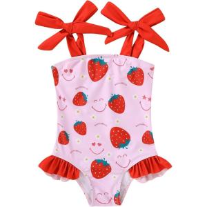 imageYOUNGER TREE Toddler Swimsuit Girl Color Block Stripe OnePiece Swimwear Baby Girl Bathing SuitsStrawberry and Smile Face