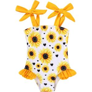 imageYOUNGER TREE Toddler Swimsuit Girl Color Block Stripe OnePiece Swimwear Baby Girl Bathing SuitsSunflower and Heart
