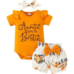 imageYOUNGER TREE Baby Girl Clothes Cartoon Short Sleeve Romper and Floral Ruffle Shorts with Headband Newborn Girl Summer OutfitYellowFloral 912 Months
