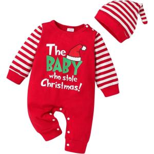 imageYOUNGER TREE Baby Boy Christmas Outfits Infant Boy Santa Long Sleeve Jumpsuit Romper First Xmas Christmas Outfits with HatRed Stripes