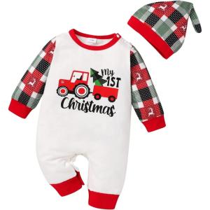 imageYOUNGER TREE Baby Boy Christmas Outfits Infant Boy Santa Long Sleeve Jumpsuit Romper First Xmas Christmas Outfits with HatTractor