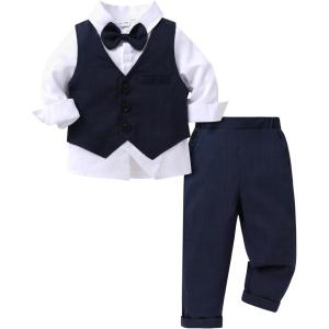 imageYOUNGER TREE Toddler Boy Clothes Suit Gentleman Wedding Outfits Baby Formal Dress 4Piece SetDark Blue