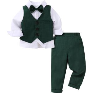 imageYOUNGER TREE Toddler Boy Clothes Suit Gentleman Wedding Outfits Baby Formal Dress 4Piece SetDark Green