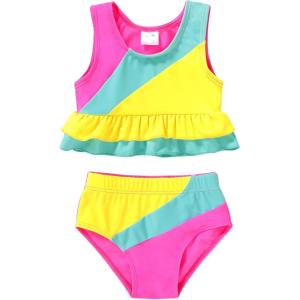 imageYOUNGER TREE Toddler Baby Girls Summer Swimsuit Sleeveless Striped Swimwear TwoPiece Suit Beach BikiniPink Yellow