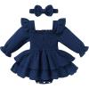 imageYOUNGER TREE Baby Girl Fall Clothes Infant Long Sleeve Ruffle Romper Dress with Headband Cute Toddler Winter OutfitsNavy Blue
