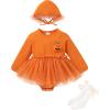 imageYOUNGER TREE Newborn Baby Girl Romper Dress Outfits Long Sleeve Floral Tutu Bodysuit with Leggings Hat Infant Fall ClothesOrange