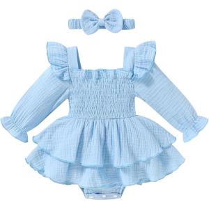 imageYOUNGER TREE Baby Girl Fall Clothes Infant Long Sleeve Ruffle Romper Dress with Headband Cute Toddler Winter OutfitsBlue