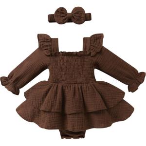 imageYOUNGER TREE Baby Girl Fall Clothes Infant Long Sleeve Ruffle Romper Dress with Headband Cute Toddler Winter OutfitsBrown