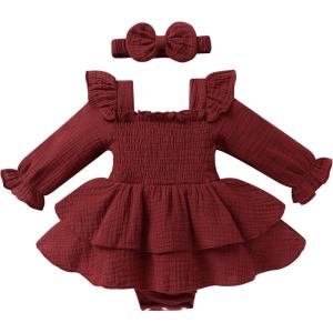imageYOUNGER TREE Baby Girl Fall Clothes Infant Long Sleeve Ruffle Romper Dress with Headband Cute Toddler Winter OutfitsBurgundy